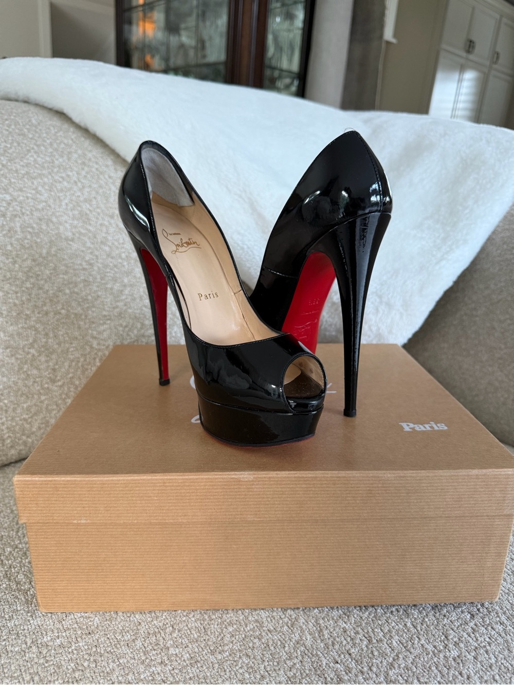Christian Louboutin Lady Peep 150 Black Patent Platform Pumps 38.5 Red Bottoms